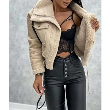 Sexyshine Women's Faux Shearing Moto Bomber Jacket Sherpa-Lined Coat Winter Aviator Leather Coat Outerwear(23744BW,L)