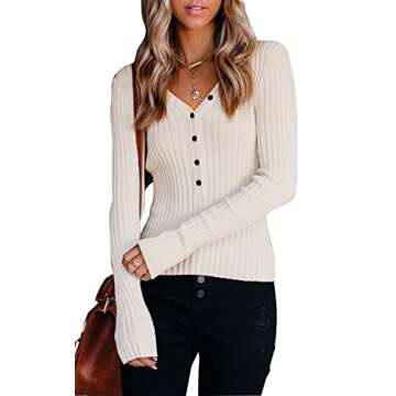 Trendy Button V Neck Long Sleeve Top for Women