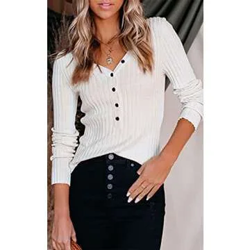 Trendy Button V Neck Long Sleeve Top for Women