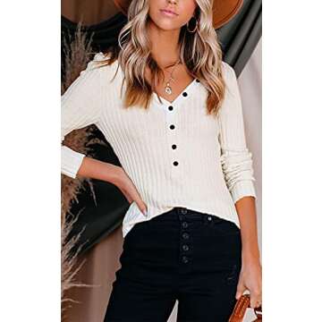 Trendy Button V Neck Long Sleeve Top for Women