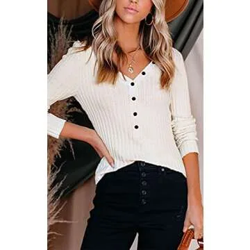 Trendy Button V Neck Long Sleeve Top for Women