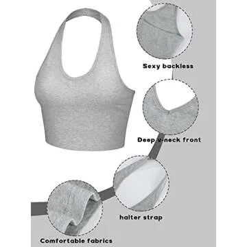 Bencailor 3 Pieces Women Halter Top Backless Scroop Neck Deep V Neck Crop Top Vest Sleeveless(Small,Black, White, Gray)