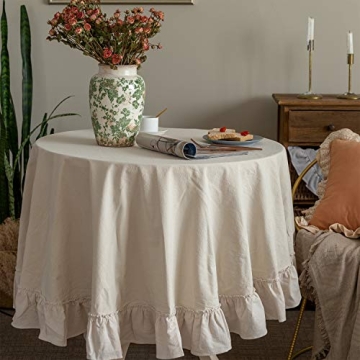 Glory Season Retro Farmhouse Ruffle Round Tablecloth Cotton Flounces Trim Washable Table Cover Decor...