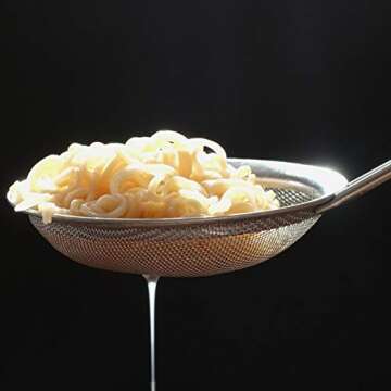 Premium Stainless Steel Spider Strainer with Natural Wooden Handle, Spider Mesh Basket for Cooking, Wire Skimmer with Spiral Mesh, Professional Grade Handle Skimmer Spoon, Ladle for Spaetzle, Pasta