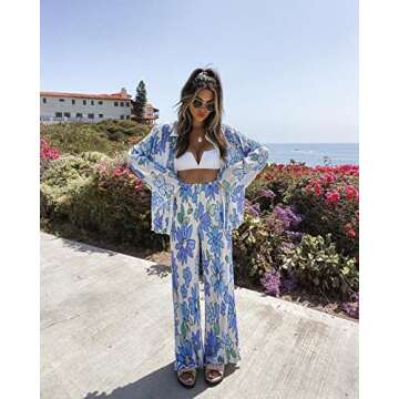 Yuemengxuan Women 2Pcs Casual Outfits Set Button Down Long Sleeve Shirt High Waist Pleated Pants Sets Streetwear Loungewear (Blue Floral, Small)