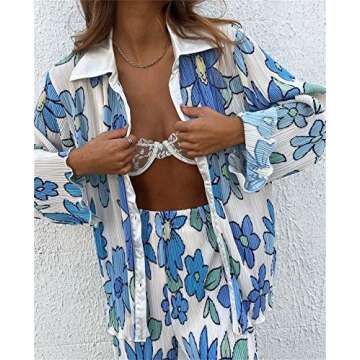 Yuemengxuan Women 2Pcs Casual Outfits Set Button Down Long Sleeve Shirt High Waist Pleated Pants Sets Streetwear Loungewear (Blue Floral, Small)