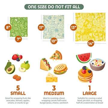 Akeeko Reusable Beeswax Food Wraps - Assorted 9 Packs, Reusable, Plastic-Free Food Storage, 5 Small, 3 Medium, 1 Large Wraps with Plants Pattern