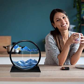 Muyan Moving Sand Art Picture Sandscapes in Motion Round Glass 3D Deep Sea Sand Art for Adult Kid Large Desktop Art Toys (Blue, 7 Inch)