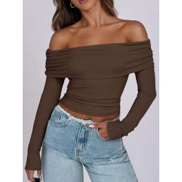ANRABESS Womens Long Sleeve Off Shoulder Shirts Tight Fitted Going Out Y2K Sexy Ruched Tee Tops Blou...