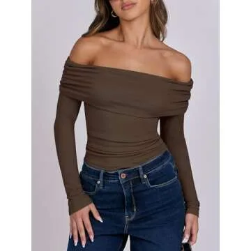 ANRABESS Womens Long Sleeve Off Shoulder Shirts Tight Fitted Going Out Y2K Sexy Ruched Tee Tops Blouses 2024 Trendy Outfits Brown Medium