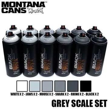 Montana BLACK 400ml Set of 12 Graffiti Street Art Mural Spray Paint (Grey Scale)