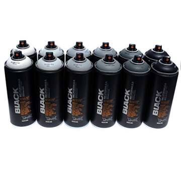 Montana BLACK 400ml Set of 12 Graffiti Street Art Mural Spray Paint (Grey Scale)