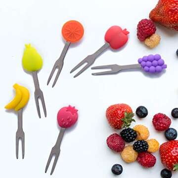 Cocktail Forks, 6-Piece Appetizer Forks, Fruit Shapes, Stainless Steel and Silicone Small Forks for Fruits, Cheese, Appetizers