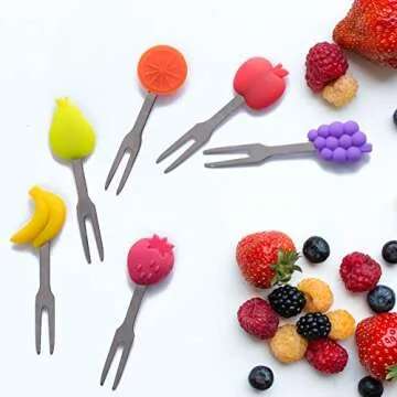 Cocktail Forks, 6-Piece Appetizer Forks, Fruit Shapes, Stainless Steel and Silicone Small Forks for Fruits, Cheese, Appetizers