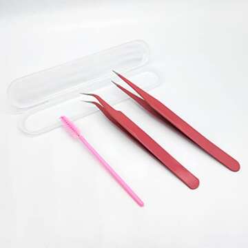 BlingKingdom Stainless Steel Eyelash Extension Tweezers Straight and Curved Tip Eyelash Tweezers for Eyelash Extension Applications with Eyelash Brush