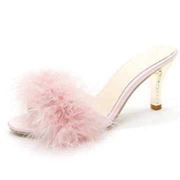 COVOYYAR Women's Elegant Feather Thin High Heels Peep Toe Fur Slippers Mules Slides