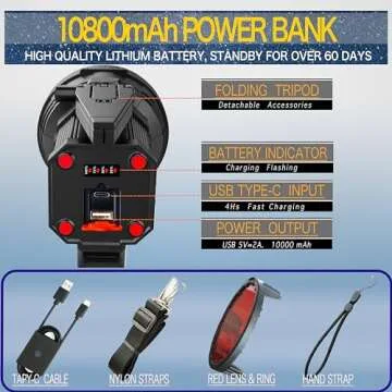 BIGSUN Rechargeable Spotlight, High Lumens 1000,000 LED Flashlight with Multi-Purpose Floodlamp, Built-in 10800mAh Battery Pack, Outdoor Handheld spot Light, for Farm, Hunting Camping, Car, Boat