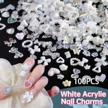 100Pcs Alloy Nail Gems Charms Planet Heart Butterfly Star Cross Nail Charms with Rhinestones Gems White 3D Assorted Flower Bow Nail Art Charms for Nail Art DIY Manicure Jewel Accessories
