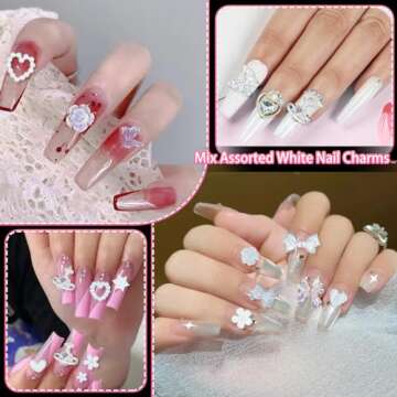 100Pcs Alloy Nail Gems Charms Planet Heart Butterfly Star Cross Nail Charms with Rhinestones Gems White 3D Assorted Flower Bow Nail Art Charms for Nail Art DIY Manicure Jewel Accessories