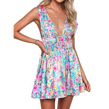 Women Y2K Floral Mini Dresses Sleeveless Low Cut Cutout Backless Dress Cute Print A-Line Party Short...
