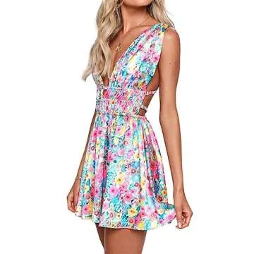 Women Y2K Floral Mini Dresses Sleeveless Low Cut Cutout Backless Dress Cute Print A-Line Party Short Dress Blue