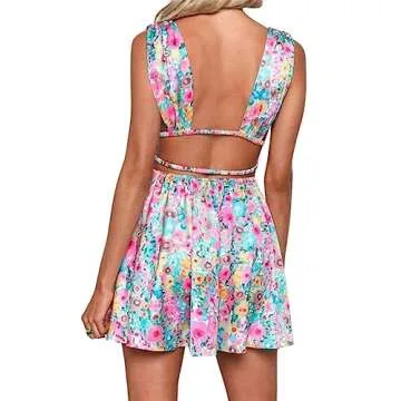 Women Y2K Floral Mini Dresses Sleeveless Low Cut Cutout Backless Dress Cute Print A-Line Party Short Dress Blue