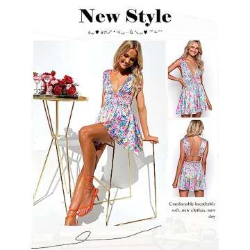 Women Y2K Floral Mini Dresses Sleeveless Low Cut Cutout Backless Dress Cute Print A-Line Party Short Dress Blue