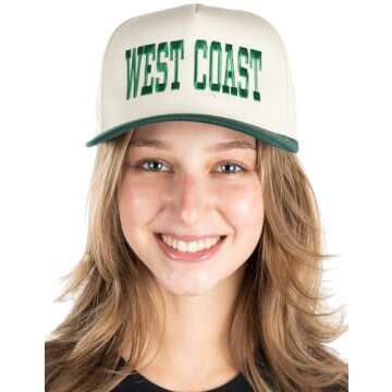 Funky Junque Vintage Trucker Hat for Women, Two-Tone Embroidered Adjustable Snapback Baseball Cap, Canvas Mesh, West Coast - Green/Beige