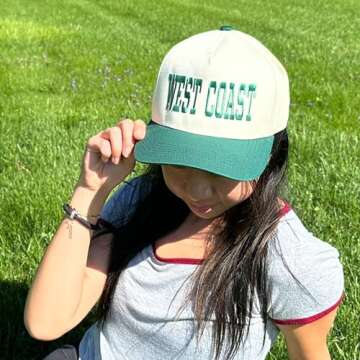 Funky Junque Vintage Trucker Hat for Women, Two-Tone Embroidered Adjustable Snapback Baseball Cap, Canvas Mesh, West Coast - Green/Beige