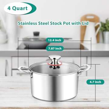 E-far 4 Quart Stock Pot, Tri-Ply Stainless Steel Cooking Pot with Glass Lid and Riveted Handles, Met...