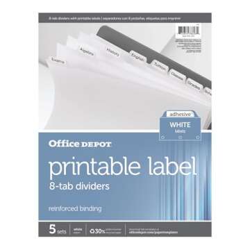 Office Depot Plain Dividers with Tabs and Labels, White, 8-Tab, Pack of 5 Sets, 11347