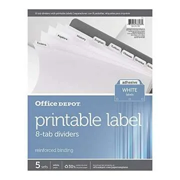 Office Depot Plain Dividers with Tabs and Labels, White, 8-Tab, Pack of 5 Sets, 11347