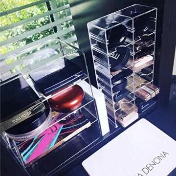 byAlegory Acrylic Universal Makeup Organizer Tower w/Removable Dividers Can Stand or Lay Flat on Vanity Desk or in Drawer | 20 Space Cosmetic Storage Container - Clear