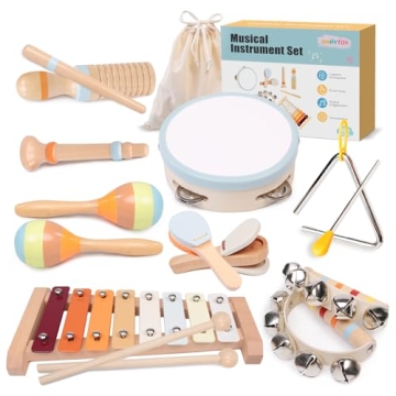 Toddler Musical Instruments Set - Montessori Toys Wooden Percussion Baby Drum Xylophone Maracas Set,...