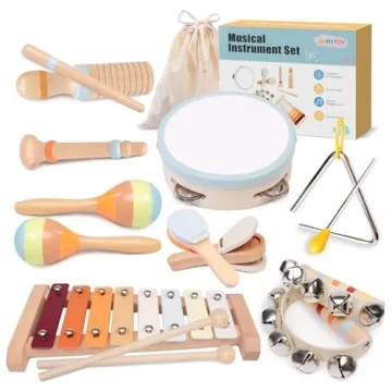 Toddler Musical Instruments Set - Montessori Toys Wooden Percussion Baby Drum Xylophone Maracas Set,...