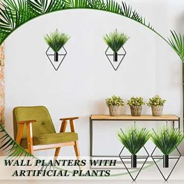 Canlierr 2 Pieces Wall Decor Hanging Planters with Artificial Plants Metal Hanging Vase Indoor Plants Holder Modern Geometric Wall Art for Home Bedroom Living Room Office(Black)