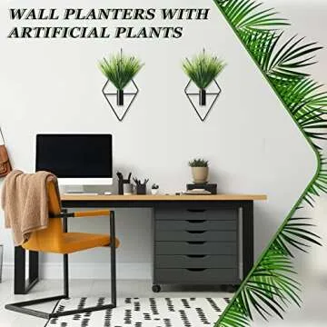 Canlierr 2 Pieces Wall Decor Hanging Planters with Artificial Plants Metal Hanging Vase Indoor Plants Holder Modern Geometric Wall Art for Home Bedroom Living Room Office(Black)