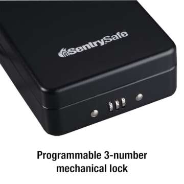 SentrySafe Small Safe, Black Lock Box with Combination Lock for Office or Dorm Secures Money, Passport, Jewelry, 0.05 Cubic Feet, Exterior: 2.6 in. H x 5.9 in. W x 8.0 in. D, ‎P005C