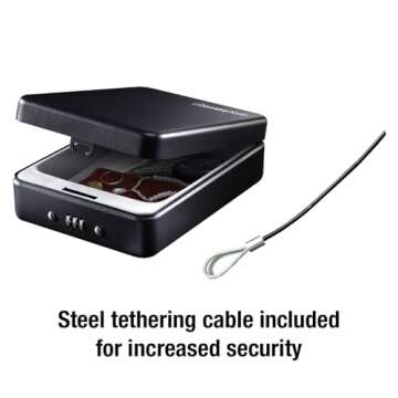 SentrySafe Small Safe, Black Lock Box with Combination Lock for Office or Dorm Secures Money, Passport, Jewelry, 0.05 Cubic Feet, Exterior: 2.6 in. H x 5.9 in. W x 8.0 in. D, ‎P005C