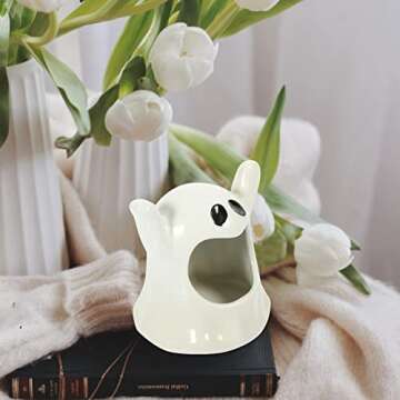 Halloween Candle Holder Cup, Ceramic Candlestick Cute Ghost Shape Tealight Cup for Spooky Party Table Centerpiece Decor