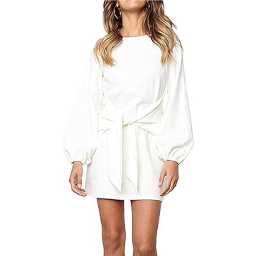 PRETTYGARDEN Women's Elegant Long Lantern Sleeve Short Dress Crewneck Tie Waist Knit Cocktail Dress ...