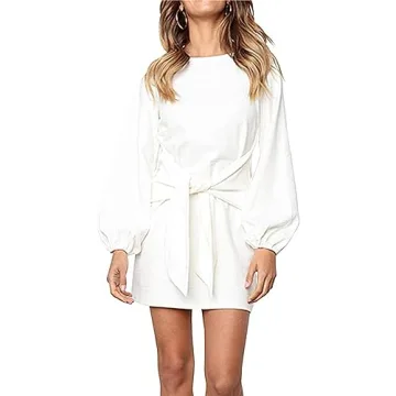 PRETTYGARDEN Women's Elegant Long Lantern Sleeve Short Dress Crewneck Tie Waist Knit Cocktail Dress ...