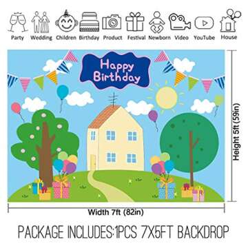 Allenjoy 7x5ft Happy Birthday Party Backdrop Favors Cartoon House Trees Street Sky Flags Props Photo...