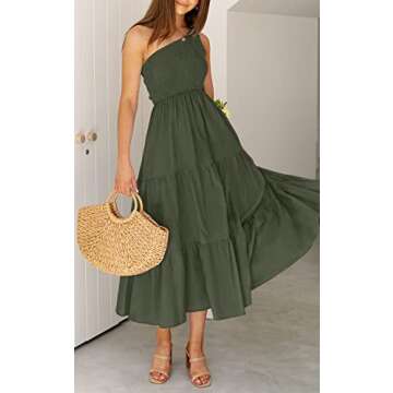 ZCSIA Women's 2024 Summer Boho One Shoulder Sleeveless Solid Color Ruffle Beach Party Tiered Midi Dress,ArmyGreen,XLarge