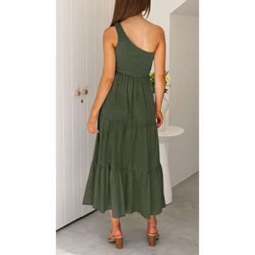 ZCSIA Women's 2024 Summer Boho One Shoulder Sleeveless Solid Color Ruffle Beach Party Tiered Midi Dress,ArmyGreen,XLarge