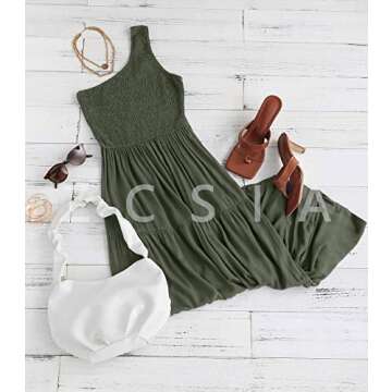 ZCSIA Women's 2024 Summer Boho One Shoulder Sleeveless Solid Color Ruffle Beach Party Tiered Midi Dress,ArmyGreen,XLarge