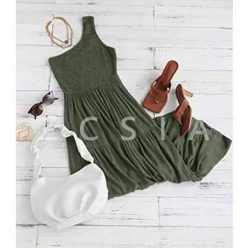 ZCSIA Women's 2024 Summer Boho One Shoulder Sleeveless Solid Color Ruffle Beach Party Tiered Midi Dress,ArmyGreen,XLarge