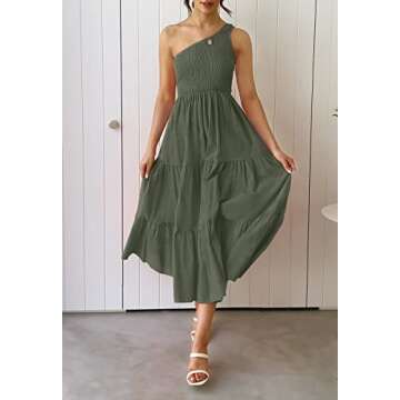 ZCSIA Women's 2024 Summer Boho One Shoulder Sleeveless Solid Color Ruffle Beach Party Tiered Midi Dress,ArmyGreen,XLarge