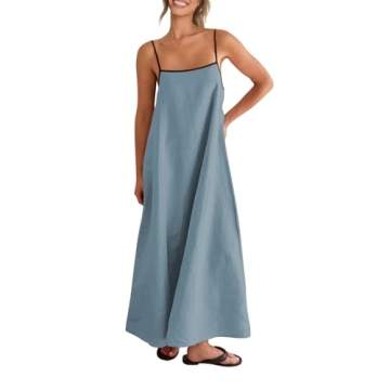 Shy Velvet Women's 2025 Summer Linen Maxi Dress Contrast Spaghetti Strap Dress Backless Sleeveless C...