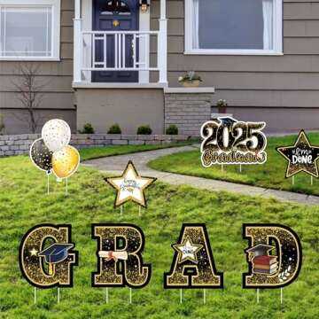 Graduation Yard Sign Decorations 2025, 8 PCS Large Congrats Grad Yard Stakes, Gold and Black Graduation Lawn Signs Decor, Waterproof Outdoor Graduation Party Supplies